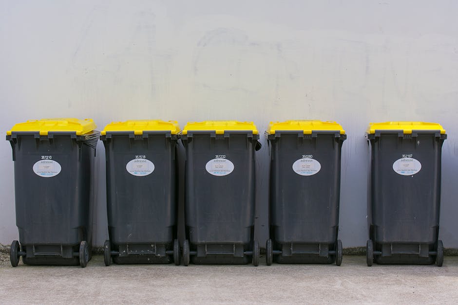 A black plastic wheelie bin with the label 'ST. JOHN'S' is positioned on the edge of a pavement next to a street at night. The bin is filled with various discarded items, including cardboard boxes and